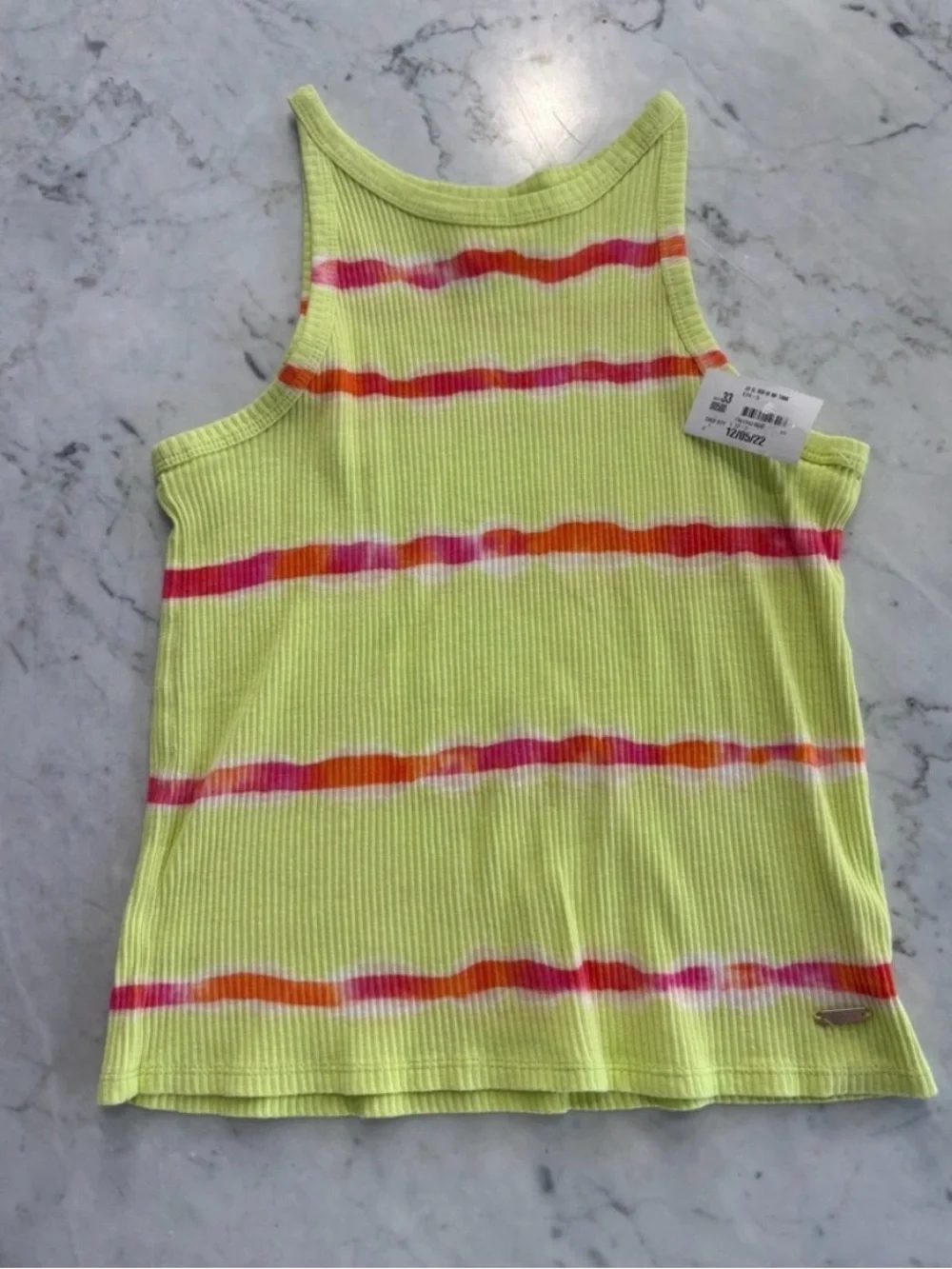 Justice Neon Lime Ribbed Tank with Pink and Orange Stripes